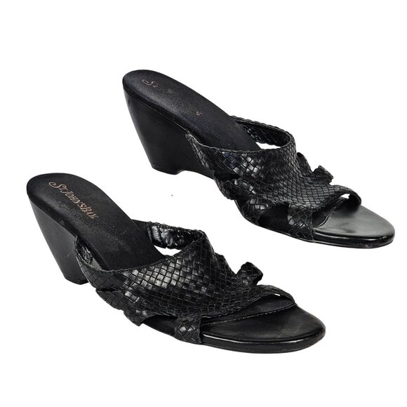 Womens 8.5 Black Leather Open Toe Chunky Heel Slip-on Work Business Casual Comfy - Picture 5 of 15